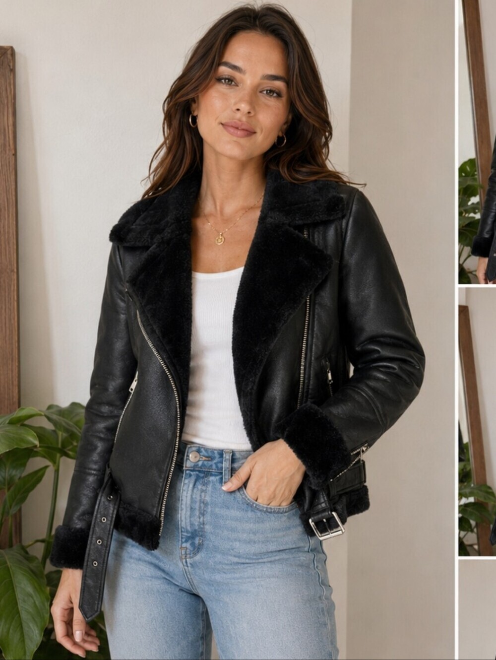 ONLY Faux Shearling Lined Leather Moto Jacket Black Biker Coat NWOT Size Small